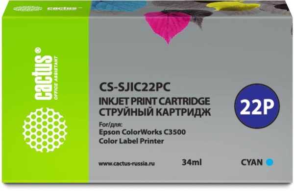 Картридж Cactus C33S020602 (CS-SJIC22PC) Cyan для Epson ColorWorks C3500, голубой, 34мл