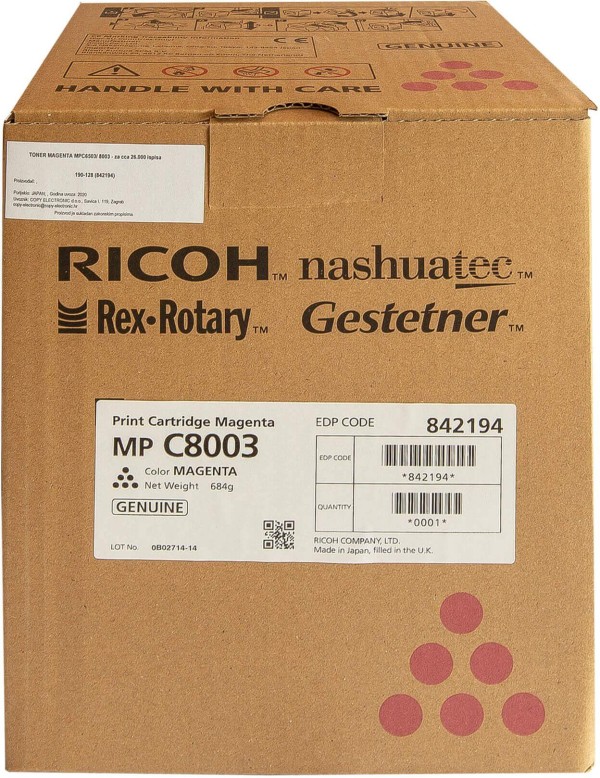 Картридж Ricoh MPC8003 (842194) оригинальный для Ricoh Aficio MP C6503/ C8003SP, пурпурный, 26000 стр.