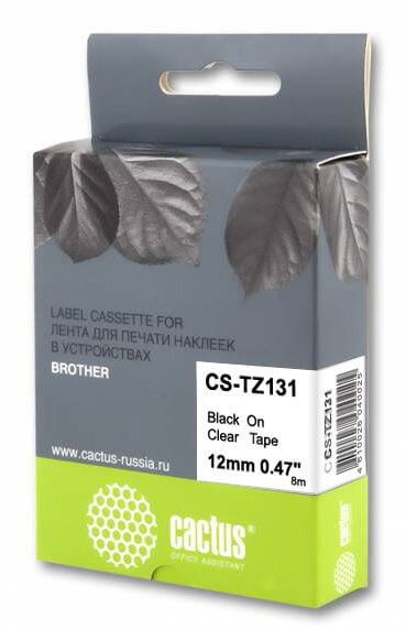 Картридж Cactus TZe-131 (CS-TZ131) для Brother P-touch 1010/ 1280/ 1280VP/ 2700VP, чёрный на прозрачном, 12мм х 8м