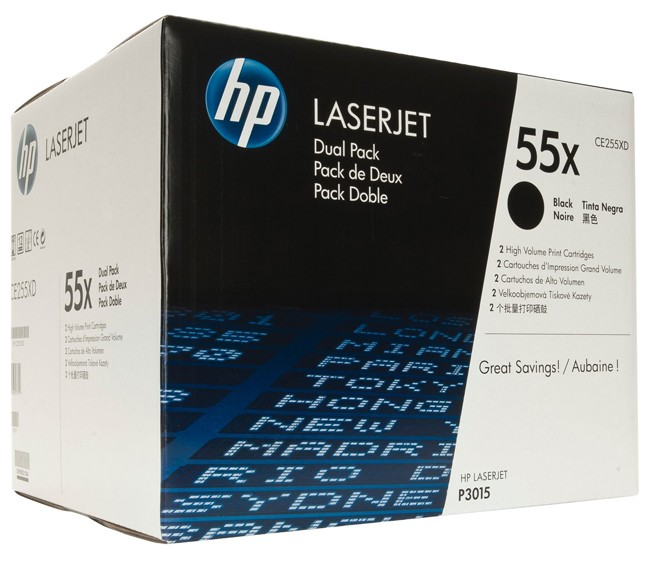 Картридж HP CE255XD (55X) оригинальный для принтера HP LaserJet P3010/ P3015d/ P3015dn/ P3015n/ P3015x black, двойная упаковка 2*12500 страниц